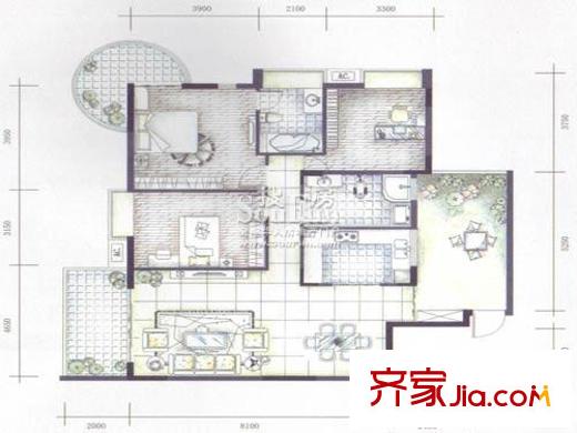 碧云山居戶型圖A棟A8戶型1-14層 3室2廳2衛(wèi)1廚