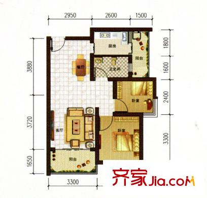陽晨美林標(biāo)準(zhǔn)層A2戶型 2室2廳1衛(wèi)1廚