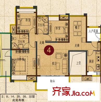 保利紫薇郡9-4號樓偶數(shù)層一單元四號房戶型 3室2廳2衛(wèi)1廚
