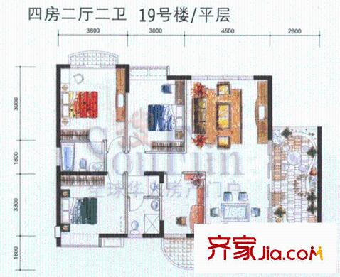 經(jīng)典時(shí)代花園廣場戶型圖19號(hào)樓平層 4室2廳2衛(wèi)1廚