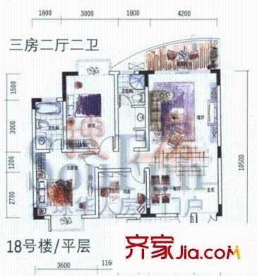 經(jīng)典時(shí)代花園廣場戶型圖18號(hào)樓平層 3室2廳2衛(wèi)1廚
