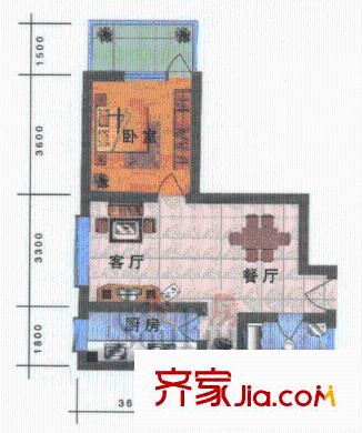 龍?；▓@戶型圖1號(hào)樓B套 1室1廳1衛(wèi)1廚
