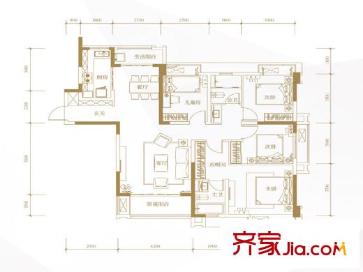 萬(wàn)科玲瓏灣天璽組團(tuán)A2戶型 4室2廳2衛(wèi)1廚