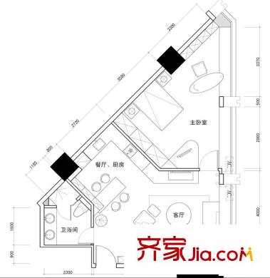 百靈時(shí)尚天地戶型圖6號(hào)戶型 1室2廳1衛(wèi)1廚