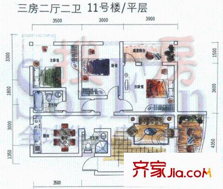 經(jīng)典時(shí)代花園廣場戶型圖11號(hào)樓平層 3室2廳2衛(wèi)1廚
