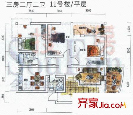 經(jīng)典時代花園廣場戶型圖11號樓平層 3室2廳2衛(wèi)1廚
