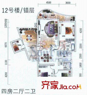 經(jīng)典時代花園廣場戶型圖12號樓錯層 4室2廳2衛(wèi)1廚
