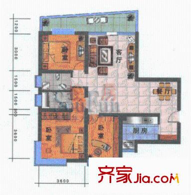 龍?；▓@戶型圖2號(hào)樓B戶型 3室2廳2衛(wèi)1廚