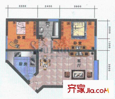 龍?；▓@戶型圖2號(hào)樓F戶型 2室1廳1衛(wèi)1廚