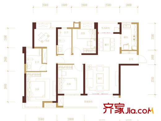 萬(wàn)科玲瓏灣萬(wàn)科13#四居戶型圖 4室2廳2衛(wèi)1廚