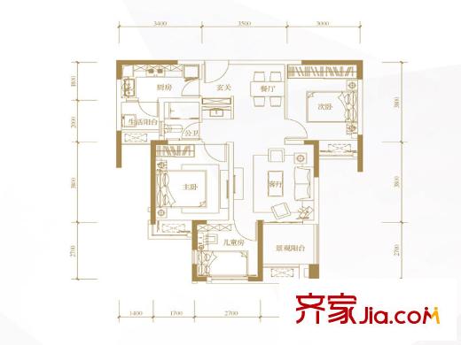 萬科玲瓏灣天璽組團B戶型 3室2廳1衛(wèi)1廚
