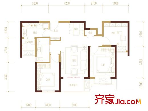 萬科玲瓏灣萬科13#三居戶型圖 3室2廳2衛(wèi)1廚