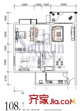 天然居戶型圖花園B組團(tuán)3#樓A戶 3室2廳1衛(wèi)1廚