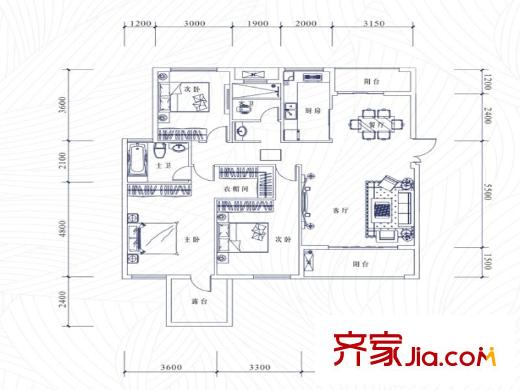 中铁逸都国际d组团花园洋房户型图 3室2厅2卫1厨