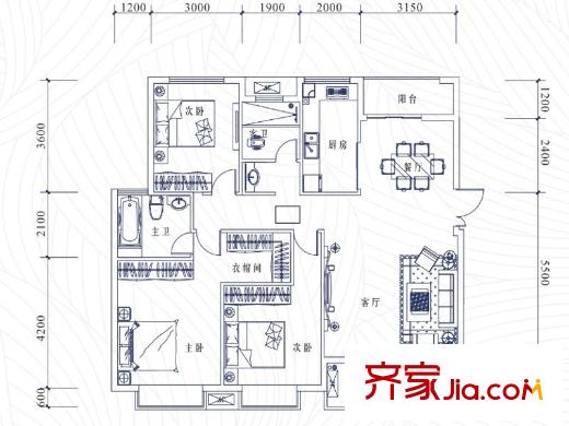 中鐵逸都國際B3組團(tuán)戶型圖 3室2廳2衛(wèi)1廚