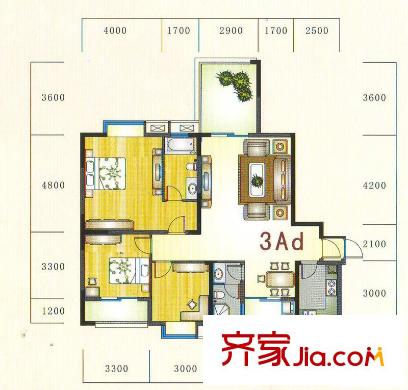 金元國際新城戶型圖3Ad戶型 3室2廳2衛(wèi)1廚