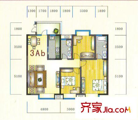 金元國際新城戶型圖3Ab戶型 3室2廳2衛(wèi)1廚