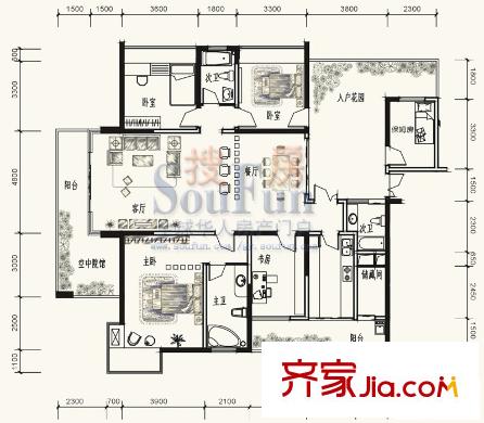 觀山湖1號(hào)戶(hù)型圖二期10棟湖景樓王偶數(shù)層D-1戶(hù)型 5室2廳3衛(wèi)1廚