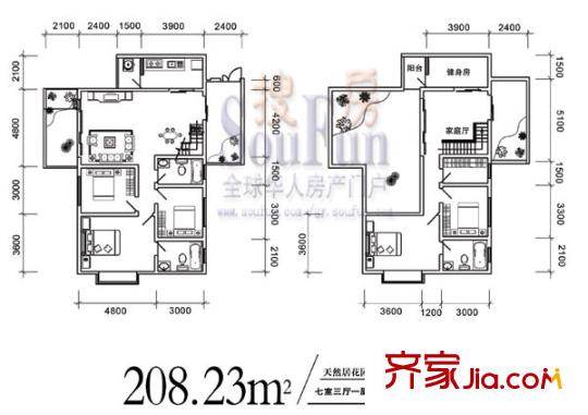 天然居戶型圖花園B組團(tuán)2#樓躍式 7室3廳3衛(wèi)1廚