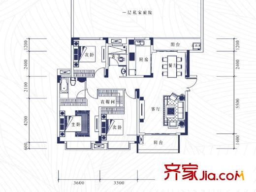 中鐵逸都國際D組團(tuán)花園洋房戶型圖 3室2廳2衛(wèi)1廚