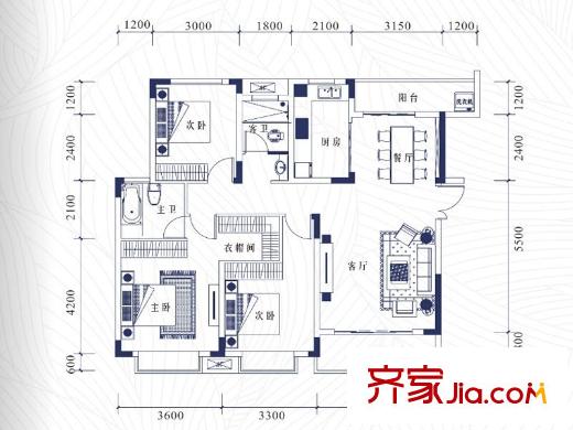 中鐵逸都國際D組團(tuán)花園洋房戶型圖 3室2廳2衛(wèi)1廚