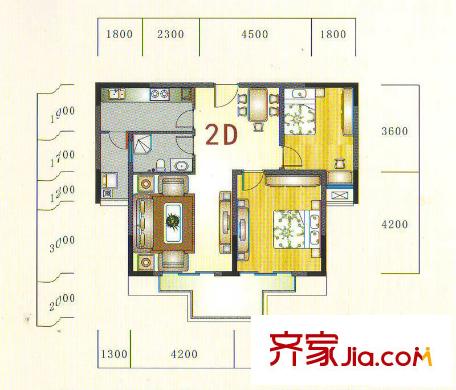 金元國際新城戶型圖2D戶型 2室2廳1衛(wèi)1廚