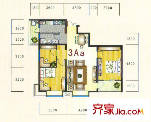 金元國際新城戶型圖3Aa戶型 3室2廳1衛(wèi)1廚