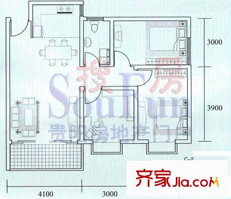 黔城美景戶型圖3室2廳1衛(wèi)1廚