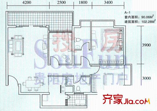 黔城美景戶型圖A-1單元 3室2廳2衛(wèi)1廚