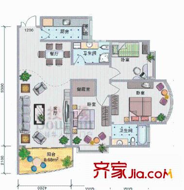 城市方舟戶型圖3室2廳2衛(wèi)1廚