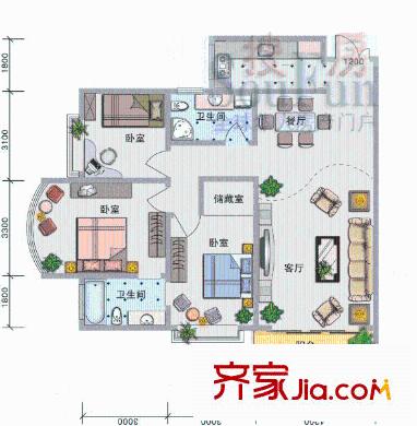 城市方舟戶型圖3室2廳2衛(wèi)1廚