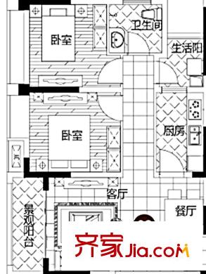 大川白金城A3-1組團10#樓3號房 2室2廳1衛(wèi)1廚