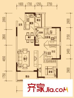 萬科勁嘉金域華府戶型圖花樣年華高層標(biāo)準(zhǔn)層戶型 3室2廳1衛(wèi)1廚