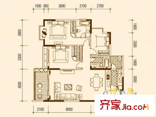 澗橋泊林戶型圖戶型 3室2廳2衛(wèi)1廚