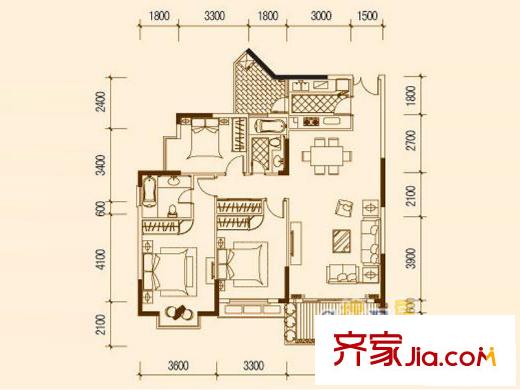 澗橋泊林戶型圖E戶型 3室2廳2衛(wèi)1廚