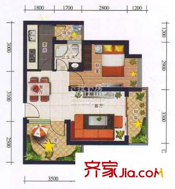 上河城戶型圖B1戶型 1室2廳1衛(wèi)1廚