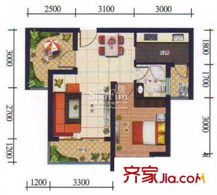 上河城戶型圖B4戶型 1室1廳1衛(wèi)1廚