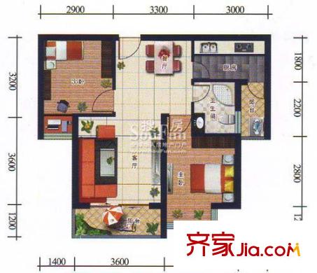 上河城戶型圖C2戶型 2室2廳1衛(wèi)1廚