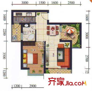 上河城戶型圖B5戶型 1室1廳1衛(wèi)1廚