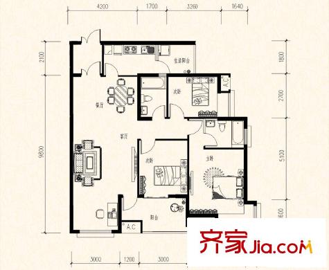 保利溫泉新城戶型圖錦城B戶型 3室2廳2衛(wèi)1廚