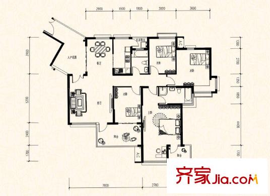 保利溫泉新城戶型圖錦城A戶型 4室2廳2衛(wèi)1廚