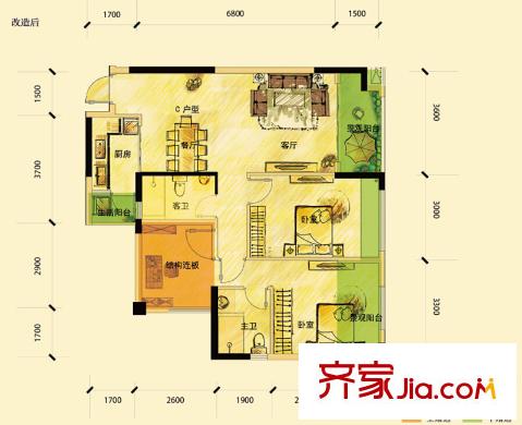 濱湖俊園一期C戶型89.00平方米 2室2廳2衛(wèi)1廚