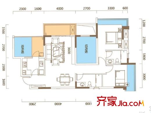 中渝萬錦城兩室兩廳兩衛(wèi)99平方米 2室2廳2衛(wèi)1廚