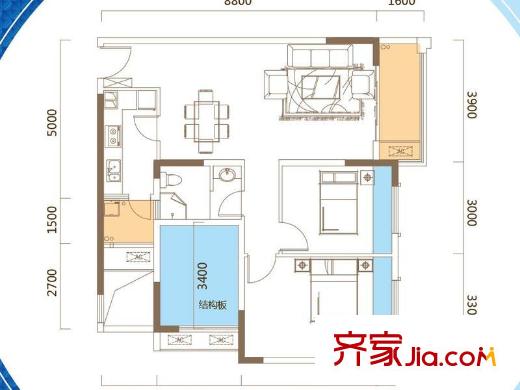 中渝萬錦城兩室兩廳90平方米 2室2廳1衛(wèi)1廚