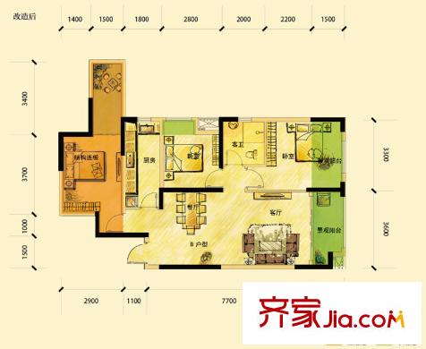 濱湖俊園一期B戶型80.00平方米 2室2廳1衛(wèi)1廚