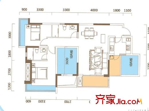 中渝萬錦城兩室兩廳兩衛(wèi)100平方米 2室2廳2衛(wèi)1廚