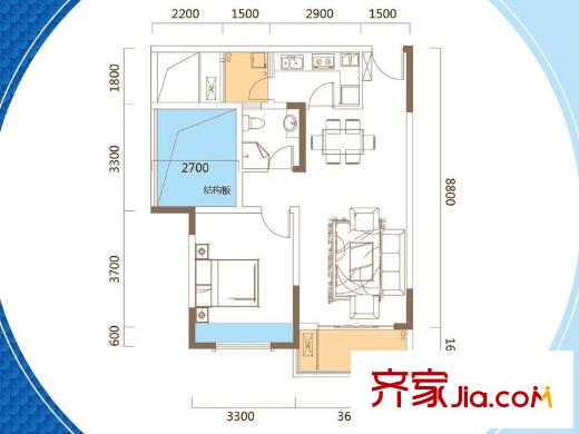 中渝萬錦城一室一衛(wèi)兩廳69平方米 1室2廳1衛(wèi)1廚