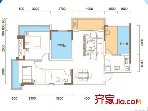 中渝萬錦城兩室兩廳一衛(wèi)89平方米 2室2廳1衛(wèi)1廚