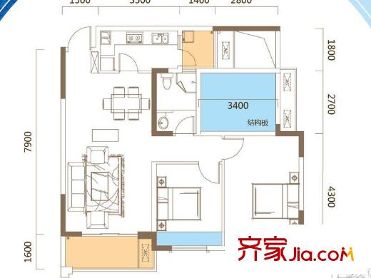 中渝萬錦城兩室兩廳一衛(wèi)90平方米 2室2廳1衛(wèi)1廚
