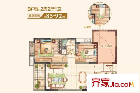 北大資源繽紛廣場B戶型 2室2廳1衛(wèi)1廚